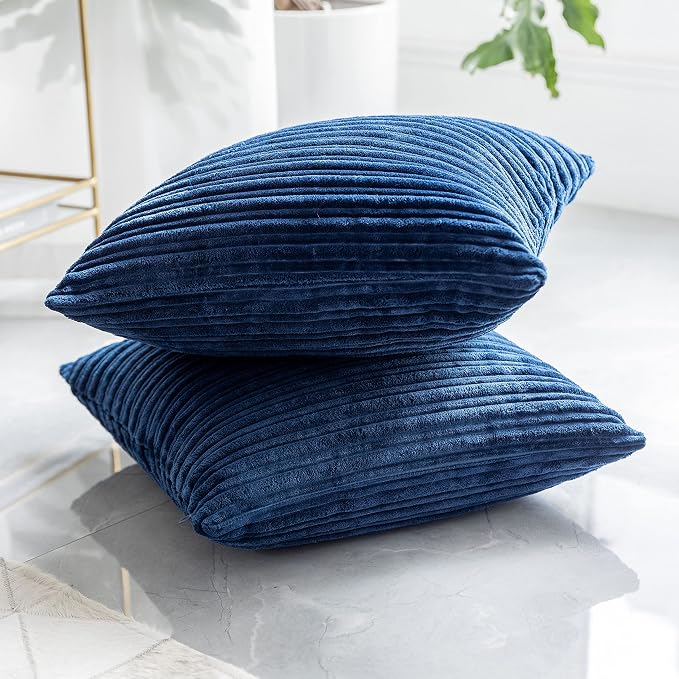 Kevin Textile Striped Corduroy 20”x20” Pillow Covers 2 Pack, Navy Blue