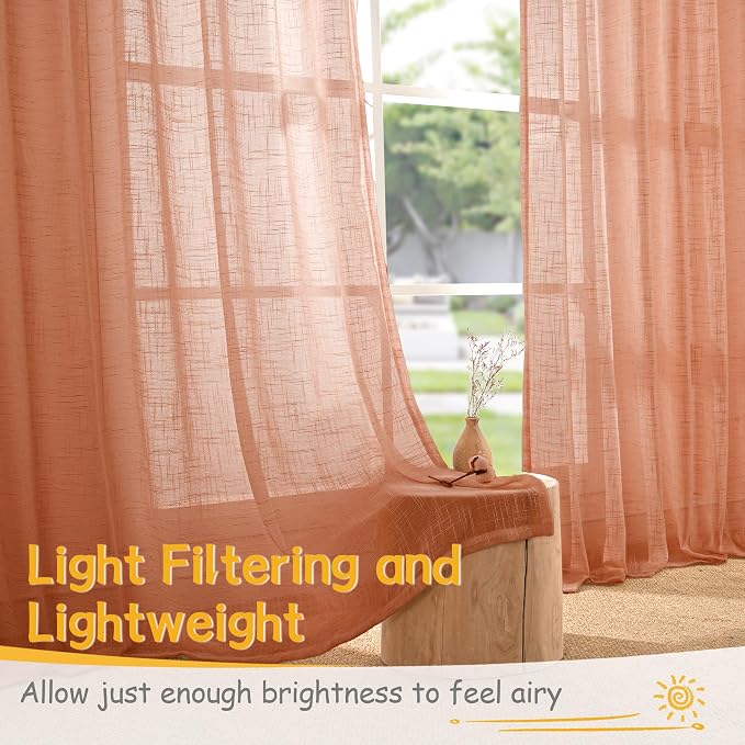 YoungsTex Burnt Orange Linen Curtains 68 Inches Long for Living Room - Semi Sheer Drapes Light Filtering with Rod Pocket Back Tab Rustic Lightweight for Bedroom Window, 2 Panels, 52 X 68 Inch