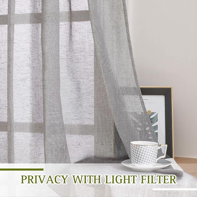 NICETOWN Charcoal Grey Linen Curtains for Bedroom 48 inch Long, Grommet Flax Semi Sheer Short Window Treatments Privacy with Light Filtering Drapes for Kids Room, 2 Panels, W36 x L48
