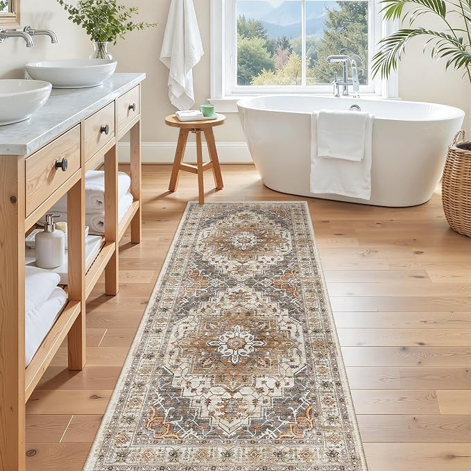 Madane Washable Runner Rug 2x6 Runners for Hallways Non Slip, Turmeric/Grey | Vintage Stain-Resistant 6 Feet Kitchen Rug, Soft Low-Pile Ultra-Thin Floor Carpet Mat for Bathroom Laundry Room Bedroom 2x6ft