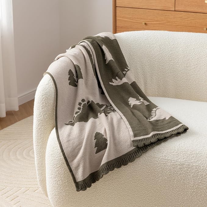 Berkshire Chenille Knit Throw Blanket,Ultra-Plush Reversible Soft Throw,Cozy Couch & Bed Blanket with Cute Pattern,Ideal Gift(30x40 Inches,Dino WalkKalamata)