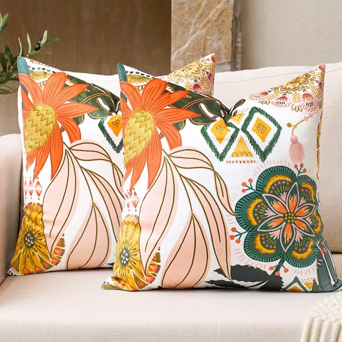 Tyrot Boho Floral Velvet Throw Pillow Covers 18x18 Inch Set of 2 Farmhouse Cushion Covers Mid Century Modern Botanical Home Decor Accent Pillow Cases for Couch Bed Sofa Living Room, Bedroom