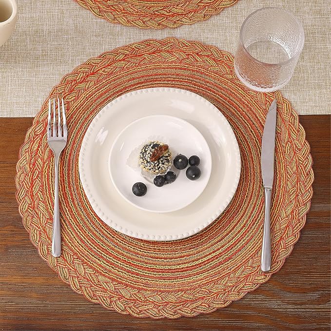 SHACOS Round Placemats Set of 6 Woven Round Table Mats 15 inch Circle Braided Edge Washable Cotton Polyester Kitchen Dining Table Place Mats, Fall Color Mix