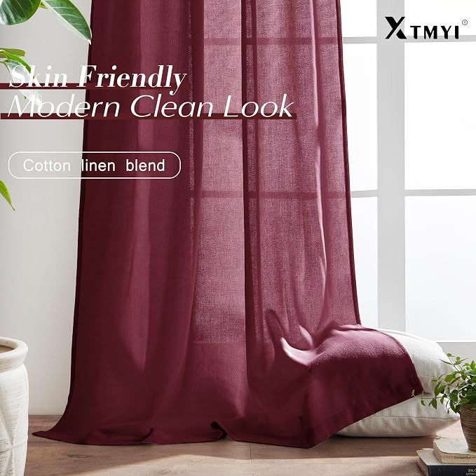 XTMYI Red Wine Curtains, 108x50 inches, Linen Look, Semi Sheer, 4 Hanging Methods, Set of 2 for Living Room, Christmas