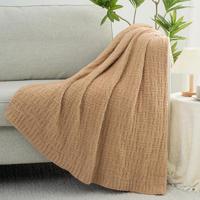 Camel Ultra Soft Knit Throw Blanket for Couch,50"X60" Microfiber Fluffy Cozy Warm Knitted Blankets with Checked Pattern for Sofa Bed