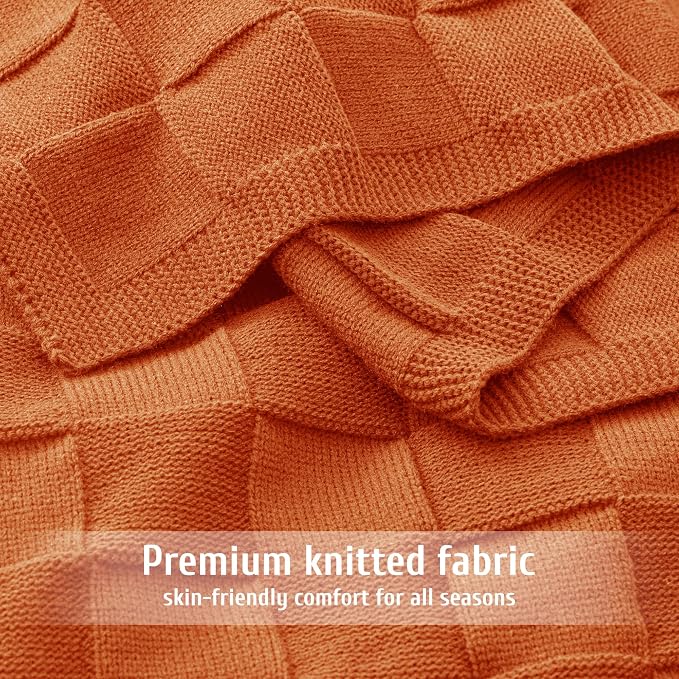 Whale Flotilla Checkered Knit Throw Blanket for Couch, Burnt Orange | Soft Decorative Knitted Blankets for Couch Sofa Bed, Lightweight Cozy Throws for Spring Summer, 60x80 Inch