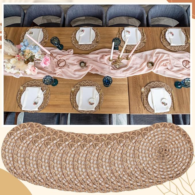 24 Pcs 13 Inch Round Natural Burlap Placemat Boho Jute Woven Charger Bulk Rustic Vintage Brown Heat Resistant Dining Table Mat for Wedding Farmhouse Kitchen Easter Summer Decoration