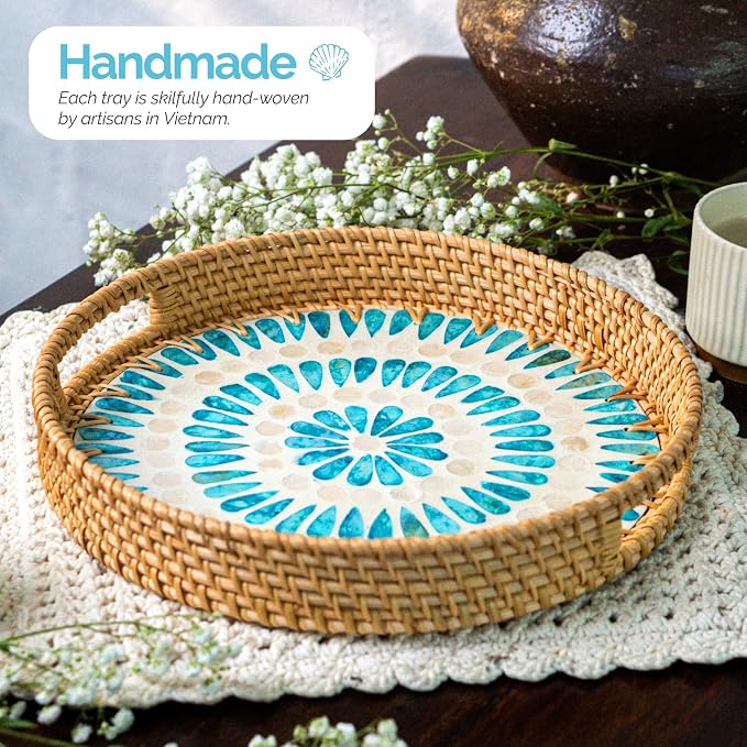 JUNGLE CULTURE Round Rattan Tray with Mother of Pearl Inlay • Ripple 12”
