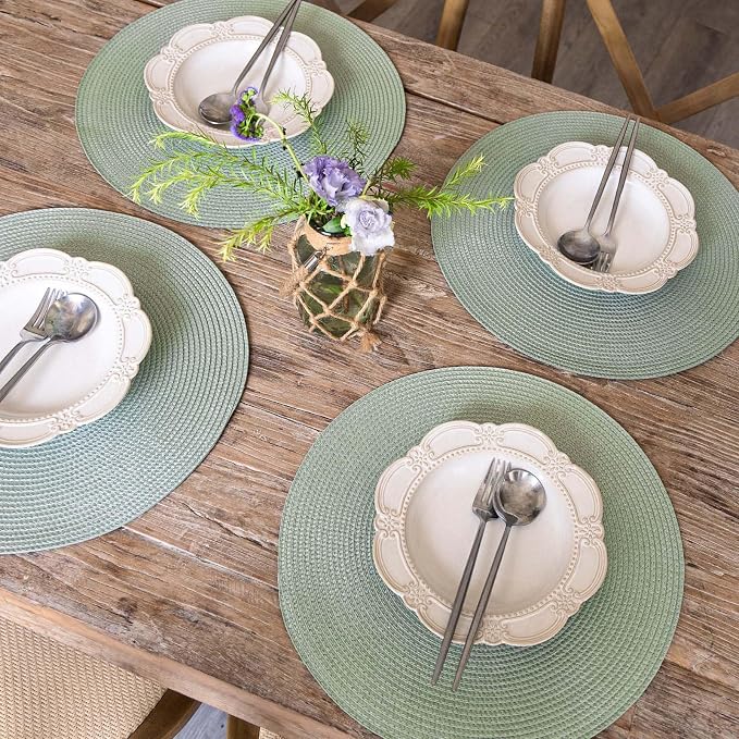 FunWheat Round Braided Placemats Set of 8 Place Mats for Dining Table Woven Washable Non-Slip Table Mats 15 Inch(Fog Green,8pcs)