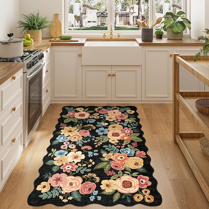 DUKINO 3x5 Area Rugs, Non Slip Floral Washable Rug for Bedroom, Black | Soft, Low Pile, Non-Shedding Throw Rugs for Living Room, Entryway, Kitchen, Kids Room, Pet Friendly, Home Decor, Lightweight