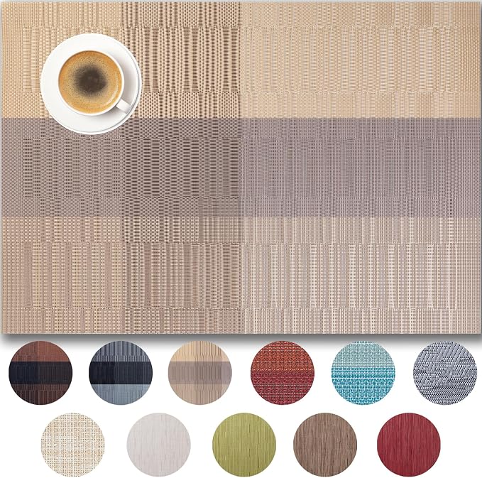 Placemats Set of 6 - Easy Clean Woven Vinyl Placemats for Dining Table, Indoor/Outdoor Place Mats, Washable PVC Table Mats （Gold Dune）