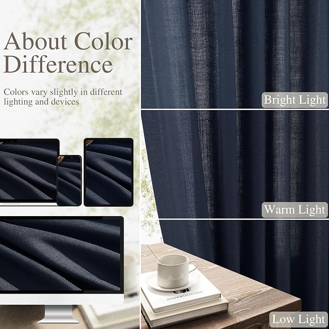 Extra Long Linen Curtains 108 Inches for Living Room Back Tab Semi Sheer High Floor to Ceiling 9ft Light Filtering Curtain Boho Farmhouse Decor Window Drapes for Bedroom 2 Panels Navy Blue