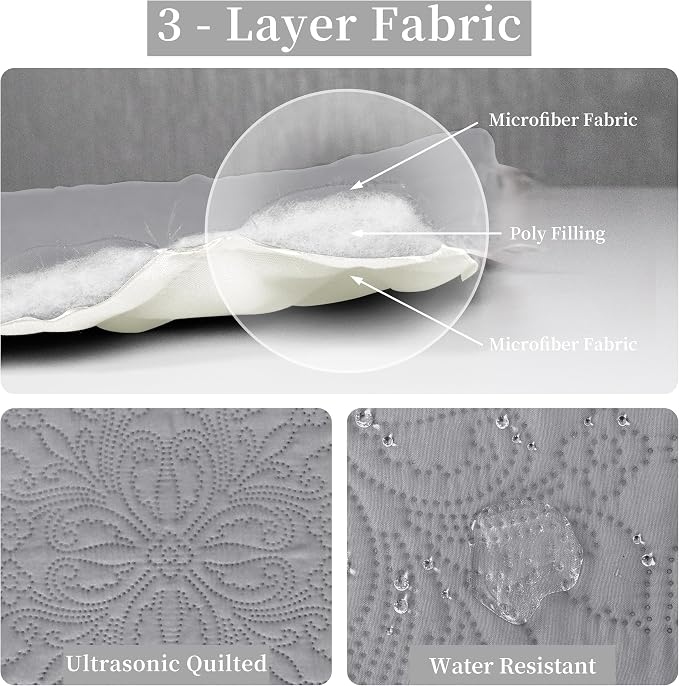 Easy-Going Reversible Quilt Set King, Bedspread with 2 Shams | Damask-Light Gray/Ivory, Lightweight Microfiber Bed Comforter, 1 Quilt + 2 Pillow Shams, All-Season Coverlets for Bedroom