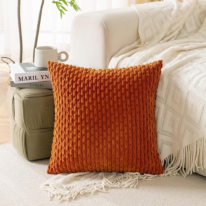 Set of 4 Burnt Orange Decorative Throw Pillow Covers 18x18 Inch Corduroy Pillow Covers for Bed Couch Sofa Living Room Soft Square Cushion Cases