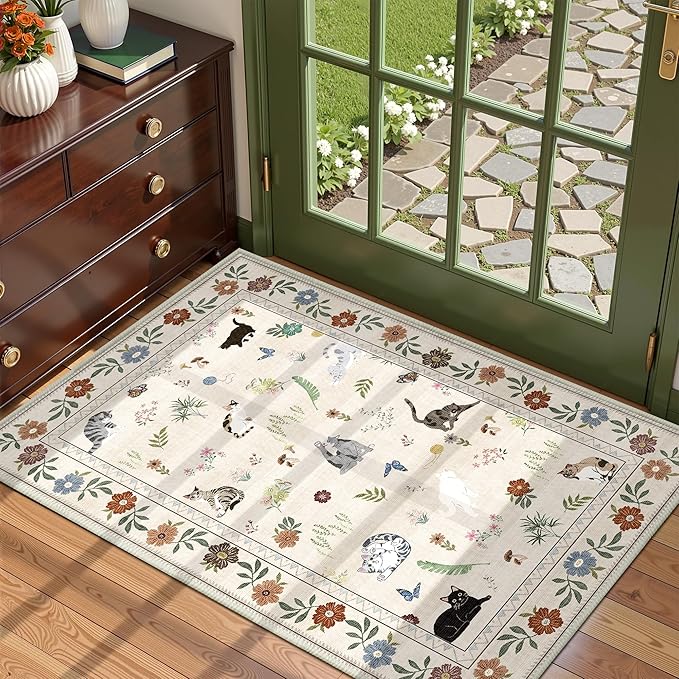 AIMPEAK 2x3 Washable Door Mat - Non Slip Low Pile Cat Floral Boho Small Area Rug for Entryway, Kitchen, Front Door, Indoor Entrance, Kids Room Throw Rug Carpet, Beige Multi