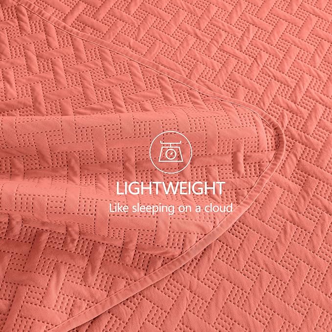 FLYMME Quilts Queen Size,Lightweight Coral Bedspreads,Basket Weave Pattern,Ultra Soft Microfiber Bed Coverlet 3 Pieces for All-Seasons (1 Quilt,2 Shams)