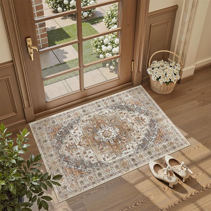 Madane Washable Area Rug 2x3 Small Entryway Rugs Non-Slip, Turmeric/Grey | Vintage Stain-Resistant Door Mat Indoor Entrance, Low Pile Floor Carpet for Inside Front Bedroom Kitchen Entry Laundry, Stair