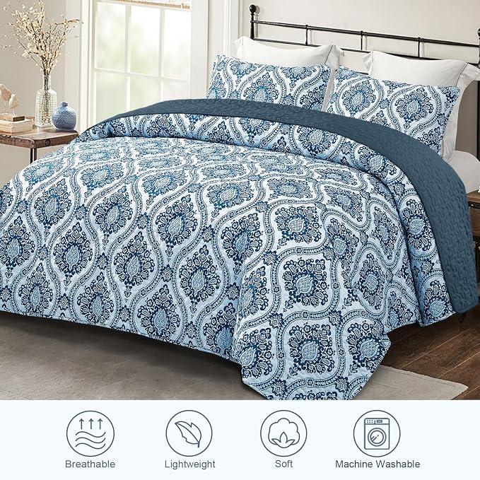 Exclusivo Mezcla Reversible Boho California King Quilt, Blue | Lightweight Soft Bedspreads, All Season Damask Coverlet Bedding Set, Printed Floral Pattern, 1 Quilt and 2 Pillow Shams