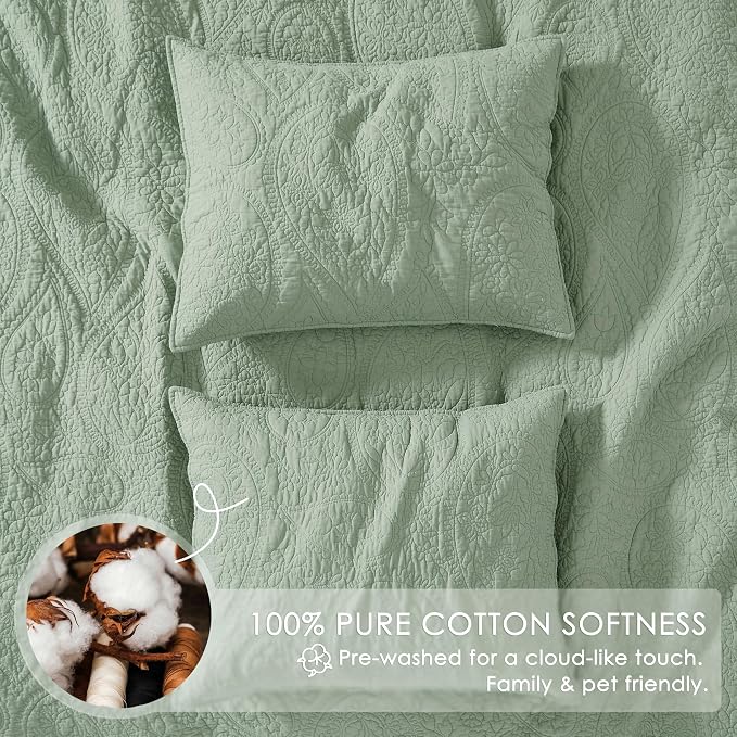 palassio Sage Green Paisley 100% Cotton Quilt California Cal King Size Bedding Sets with 2 Pillow Shams, Oversized Boho Farmhouse Vintage Soft Bedspread Shabby Chic Coverlet for All Season, 3 Pieces