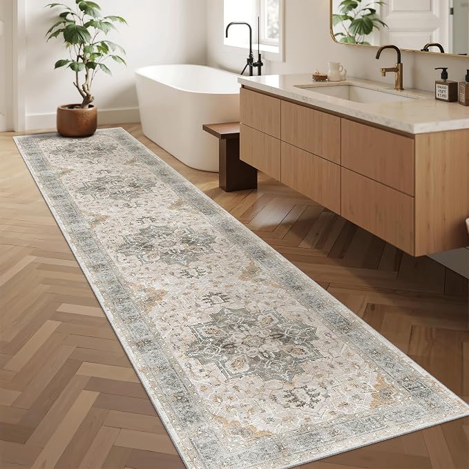 Madane Washable Runner Rugs 2x12 Long for Hallway Kitchen Light Taupe Brown | Non-Slip Vintage Printed 12ft Long Rug Runners with Rubber Backing, Soft Thin Low-Pile Floor Carpet Laundry Room Entryway