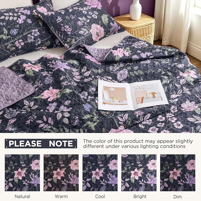 Litanika Floral Dark Purple Quilt Set- 3Pcs Botanical Birds Pattren Bed | Super King Bedspread Summer Lightweight Soft Coverlet with Pink Flower for All Seasons (120"x120")