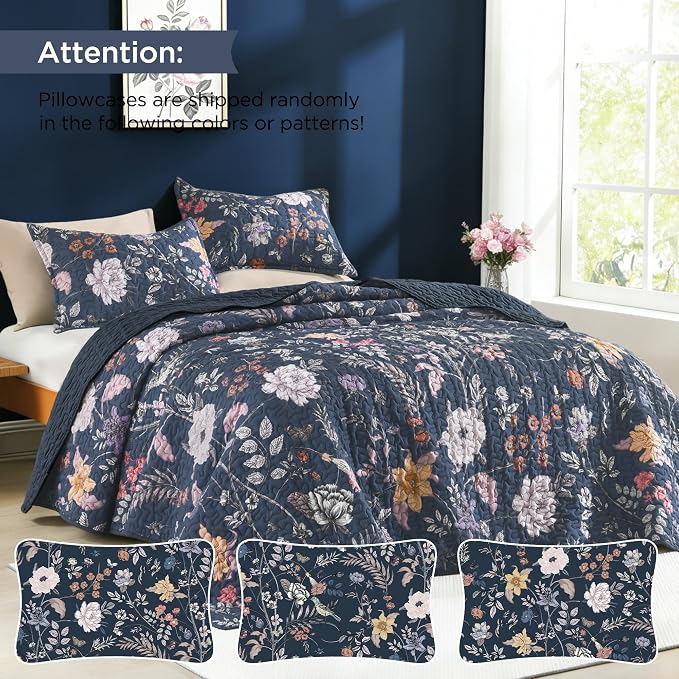 Litanika Floral Dark Blue Quilt - 3Pcs Botanical Birds Bedding Set | California King Bedspread Summer Lightweight Soft Coverlet with Pink Flower for All Seasons (112"x104")