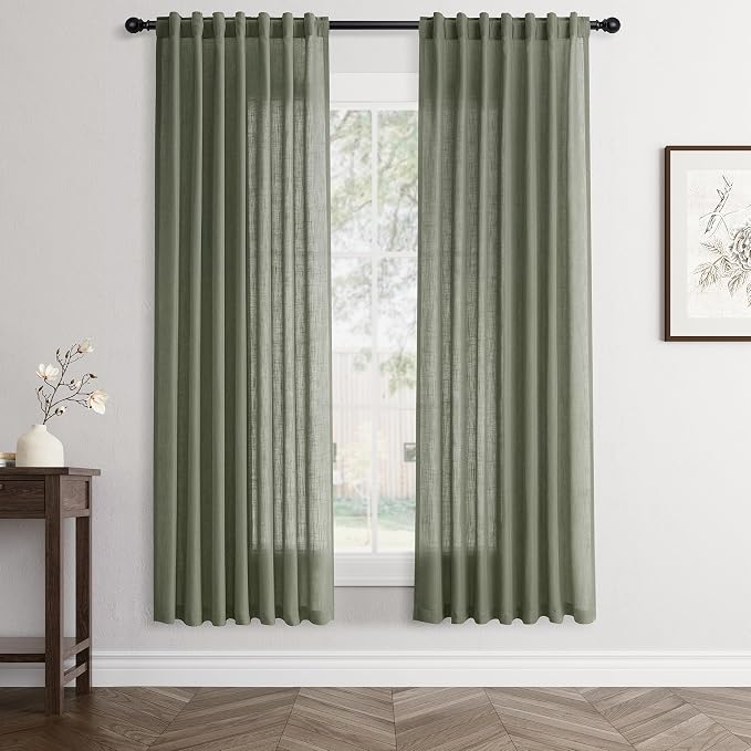 Jowels Olive Green Linen Curtains 72 Inch Long 2 Panels for Living Room | Loden Light Filtering Semi Sheer Curtain, Back Tab Pocket Pleated Look,Farmhouse Textured Privacy Drapes for Bedroom Window
