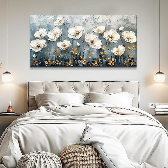 QIYILEXWART Large Wall Decor For Living Room Canvas Wall Art For Office Modern Wall Decorations For Bedroom Textured White Flower Landscape Painting Farmhouse Pictures Artwork Room Home Decor 24x48