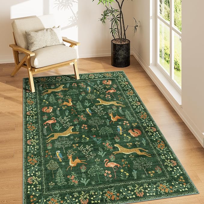 DUKINO 4x6 Area Rug, Non Slip Animal Washable Rug for Living Room, Green | Soft, Low Pile, Stain Resistant Indoor Carpet for Bedroom, Dining Room, Nursery, Farmhouse, Pet Friendly, Non-Shedding
