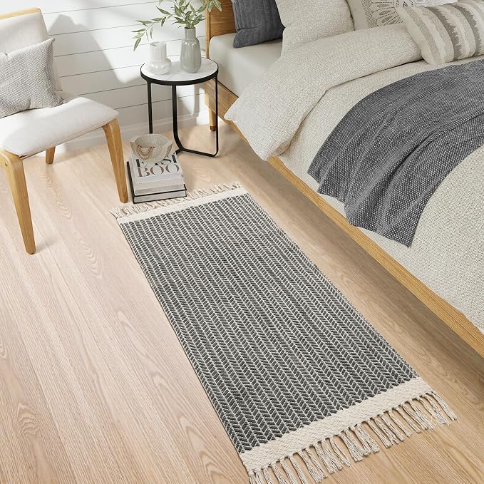 Lahome Boho Bathroom Runner Rug, 2x5 Washable Rugs for Laundry Room Hallway | Woven Cotton Grey Mat with Tassels, Farmhouse Decor Throw Non Shedding Lightweight Carpet Runners for Entryway Kitchen Door