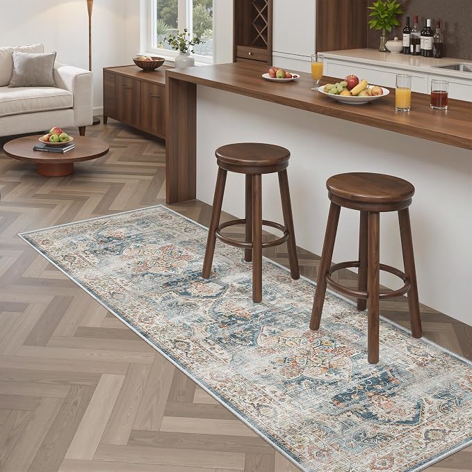 Madane Washable Runner Rug 2x6 Runners for Hallways Non Slip, Navy | Vintage Stain-Resistant 6 Feet Kitchen Rug, Soft Low-Pile Ultra-Thin Floor Carpet Mat for Bathroom Laundry Room Bedroom 2x6ft