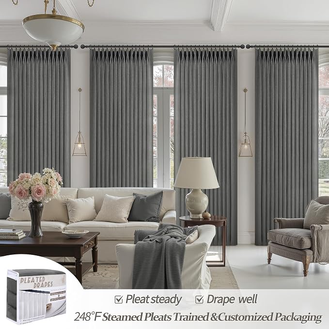 Extra Long Floor to Ceiling Dark Grey Bedroom 108 Inch Curtains, Pinch Pleated Linen Sheer Luxury Light Filtering Privacy Cutain for Living Room 2 Panels Set Gray 9 FT Large Window Drapes with Hooks