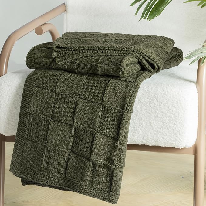 Whale Flotilla Checkered Knit Throw Blanket for Couch, Olive | Soft Decorative Knitted Blankets for Couch Sofa Bed, Lightweight Cozy Throws for Spring Summer, 60x80 Inch