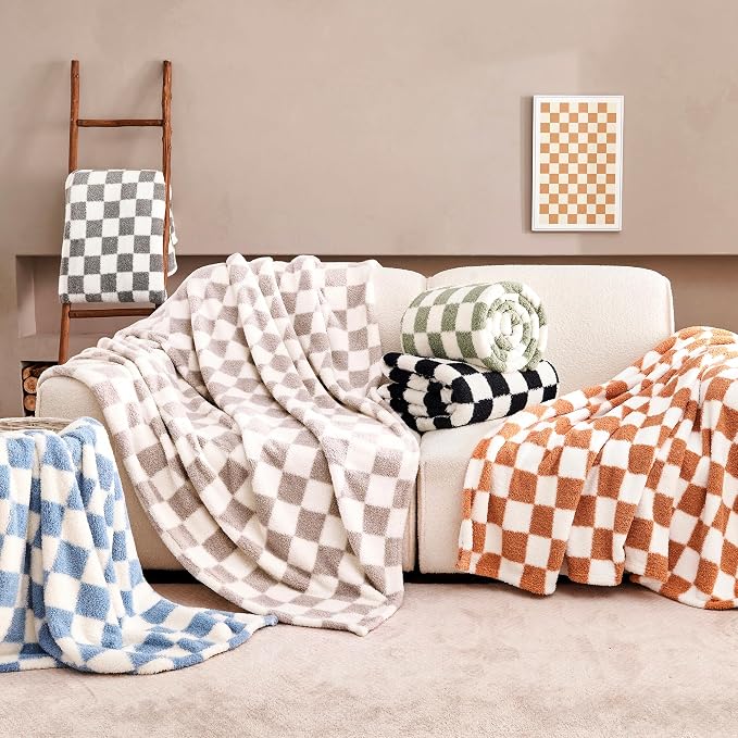 Purple Gray Checkered Throw Blanket, Soft Plush Microfiber Fleece Blanket for Couch Sofa Travel, Cozy Decorative Home Blanket, All Season, 50x70 Inches