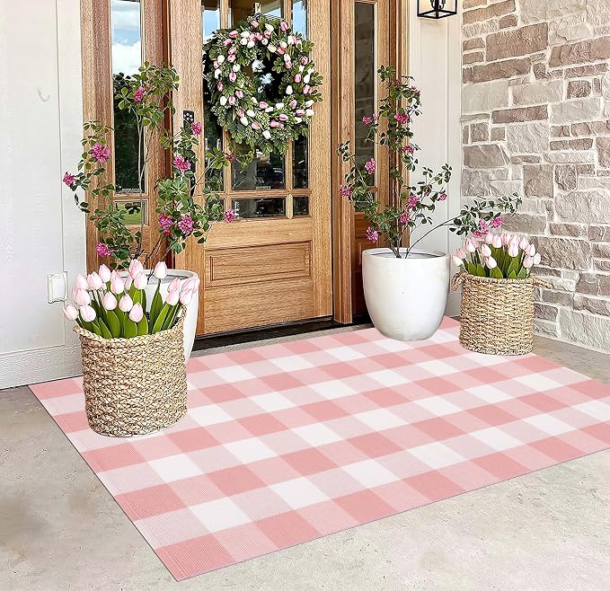 Pink and White Buffalo Plaid Rug 3'x5'Checkered Outdoor Rug Farmhouse Front Porch Rug Machine Washable Front Door Mat Outdoor for Hello Welcome Mat,Bedroom,Entryway,Patio