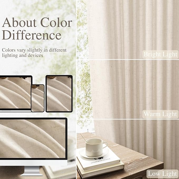 Extra Long Linen Curtains 108 Inches for Living Room Back Tab Semi Sheer High Floor to Ceiling 9ft Light Filtering Curtain Boho Farmhouse Decor Window Drapes for Bedroom 2 Panels Birch Beige