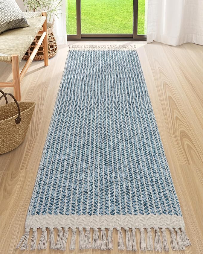 Lahome Boho Bathroom Runner Rug, 2'6''x8 Washable Rugs for Kitchen Hallway | Woven Cotton Throw Mat with Tassels, Farmhouse Blue Non Shedding Lightweight Carpet for Laundry Room Bath Rv Entryway Decor