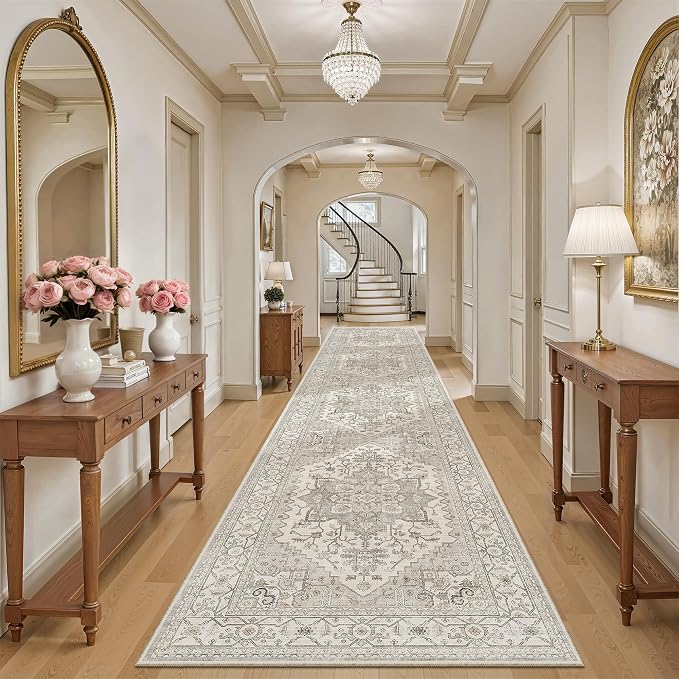Madane Hallway Runner Rug 3x14 Washable Kitchen Runners Long, Beige/Brown | Vintage Non-Slip Wide Area Rugs 14ft for Entryway, Soft Thin Low-Pile Farmhouse Indoor Floor Carpet for Living Room Bedroom