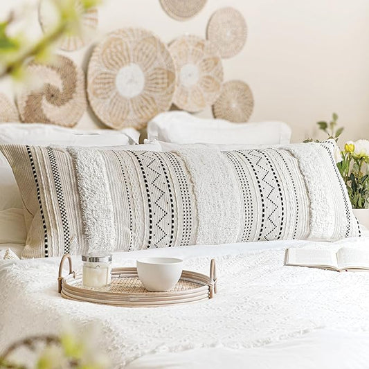 BlissBlush 20X54 Oversized Large Lumbar Pillow Cover for Bed, Rectangular Long Decorative Throw Pillowcase, Cotton Boho Accent Cushion with Black Tufted Pattern and Tassels, Cream Neutral (Cover Only)