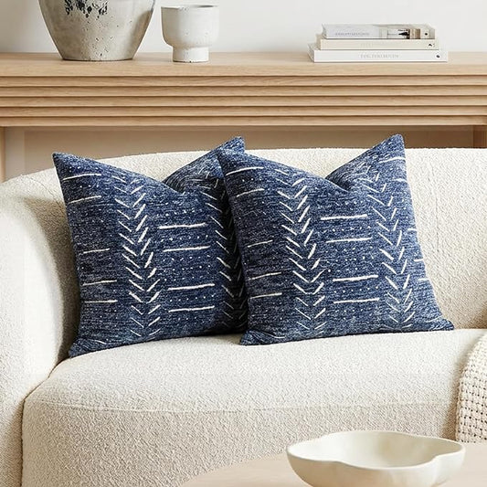 BlissBlush Decorative Throw Pillow Covers 20x20 Set of 2, Blue Soft Woven Chenille Accent Pillow Covers for Couch Sofa Bed, Textured Farmhouse Cushion Covers