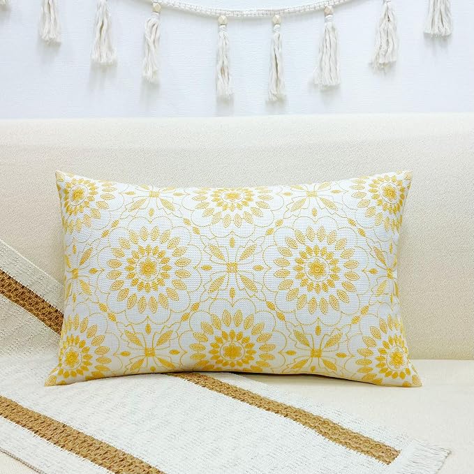 Slow Cow Linen Embroidery Lumbar Throw Pillow Cover Cushion Cover Floral Pattern Rectangular Pillowcase for Couch Bedroom 12 x 20 Inches Yellow Gold
