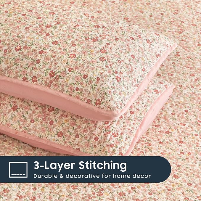 Wake In Cloud - Floral Quilt Set, Cute Vintage Flower Cottagecore Shabby Chic for Women Teen Girls, Reversible Lightweight Bedspread Coverlet, 3 Pieces, Cream Pink, Twin/Twin XL Size