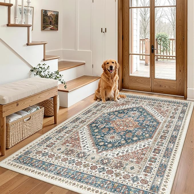 Madane Area Rug 3x5, Washable Vintage Entry Rugs for Bedroom, Navy Blue | Vintage Entryway Bedroom Non Slip Door Mat Indoor Entrance, Kitchen Runner Living Room Laundry Playroom Soft Floor Carpets