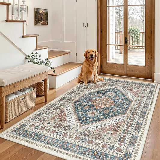 Madane Area Rug 3x5, Washable Vintage Entry Rugs for Bedroom, Navy Blue | Vintage Entryway Bedroom Non Slip Door Mat Indoor Entrance, Kitchen Runner Living Room Laundry Playroom Soft Floor Carpets