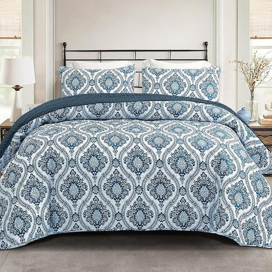 Exclusivo Mezcla Reversible Boho Quilts Queen Size Blue | Lightweight Soft Bedspreads, All Season Damask Coverlet Bedding Set, Printed Floral Pattern, 1 Quilt and 2 Pillow Shams