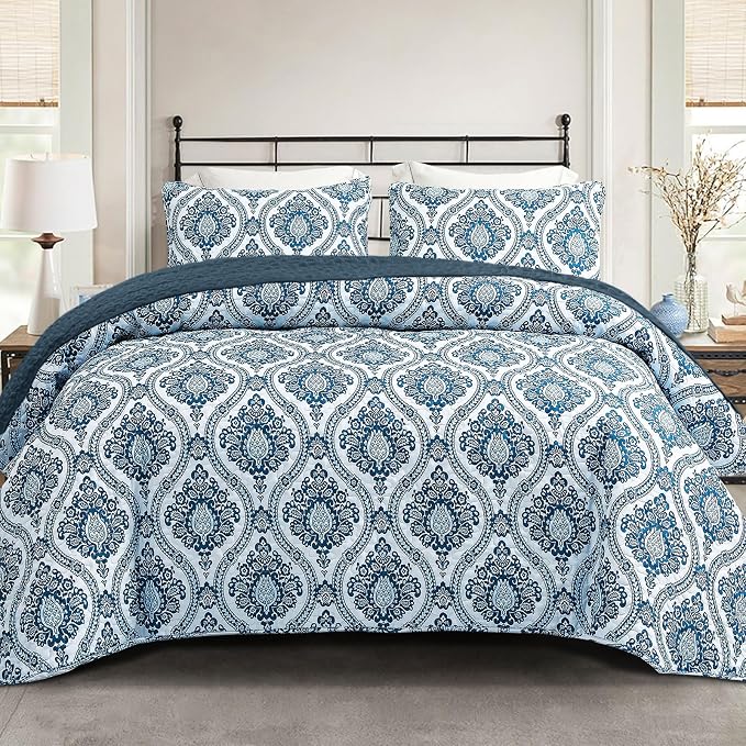 Exclusivo Mezcla Reversible Boho Quilt King Size Blue | Lightweight Soft Bedspreads, All Season Damask Coverlet Bedding Set, Printed Floral Pattern, 1 Quilt and 2 Pillow Shams