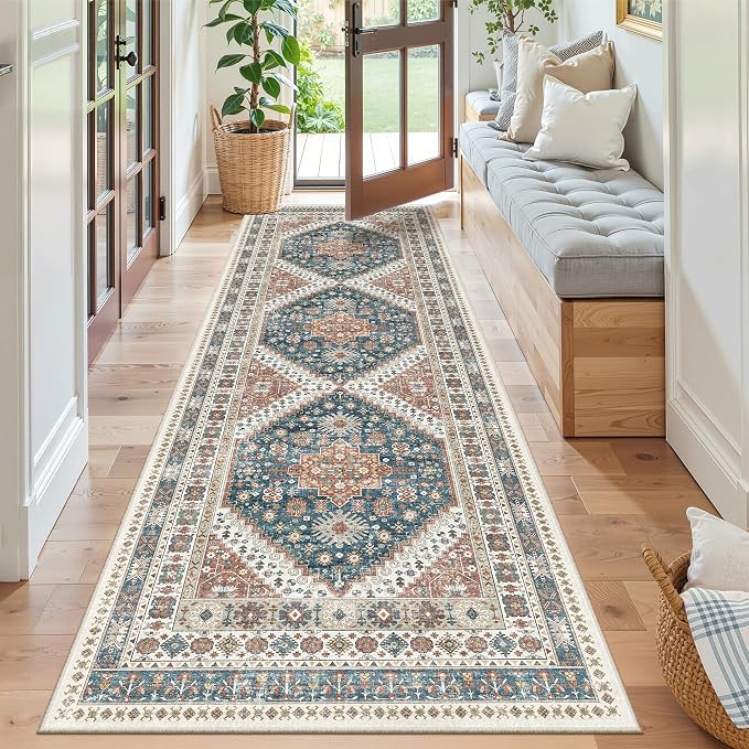 Madane Kitchen Runner 2'6''x8' Soft Rug Runners for Hallways, Navy Blue | Vintage Machine Washable Rugs 2.5x8 Ft, Non-Slip Low Pile Stain-Resistant 8ft Floor Carpet for Laundry Room, Corridor