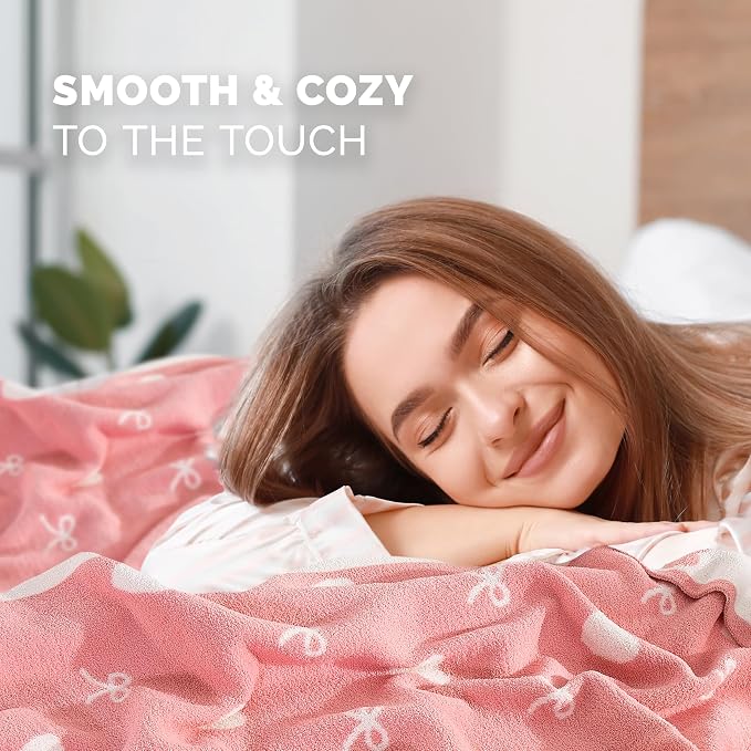 Elegant Comfort Premium Valentine's Day Throw Blanket - Ultra Soft and Lightweight, Luxury Knitted Breathable Love Pink Hearts Warm and Cozy Valentine Decor Blankets, 50 x 70 Inch, Hearts and Bows