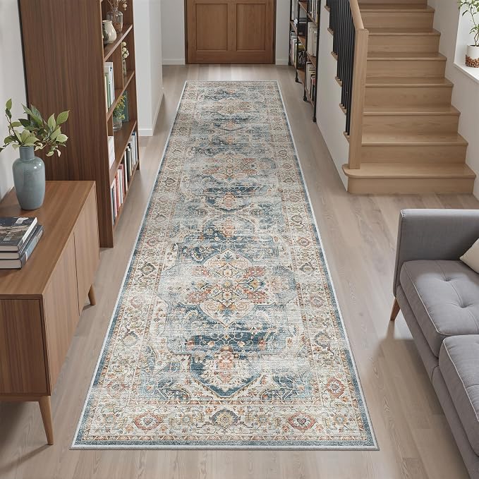 Madane Hallway Runner Rug 2x8 Washable Kitchen Rugs Non-Slip, Navy | Vintage Machine Washable Low-Pile Floor Carpet 8ft, Soft Ultra-Thin Throw Entry Foyer Mat for Entrance Laundry Living Room