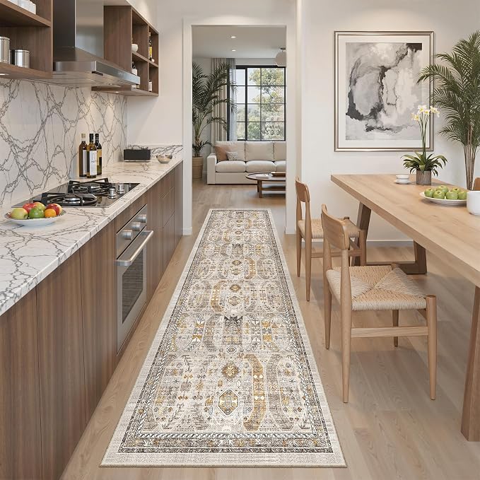 Madane Kitchen Runner Rug 2x7 with Rubber Backing Non Slip, Brown/Gold | Vintage Ultra-Thin Machine Washable Hallway Rugs 7 ft, Soft Low-Pile Throw Carpet Runners for Bedroom Bathroom Laundry Room